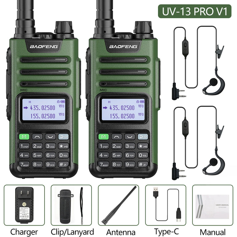 2PCS BAOFENG UV13 Pro V2 10W Waterproof Walkie Talkie UHF/VHF Dual Band UV13PRO with Typ-C Cable Upgrade of UV-10R Two Way Radio