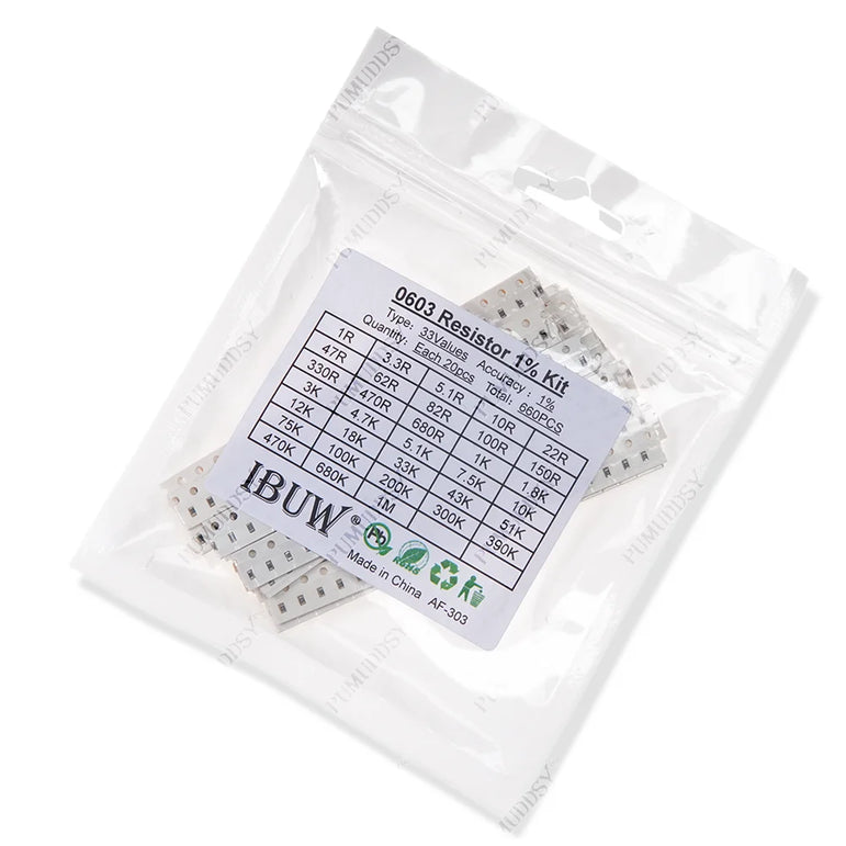 33ValuesX 20pcs=660pcs 0603 0805 1206 Resistor Kit Assorted 1R To 1M Ohm 1% SMD Sample Kit DIY 3.3R 5.1R 10R 47R 62R 82R 1K 10K