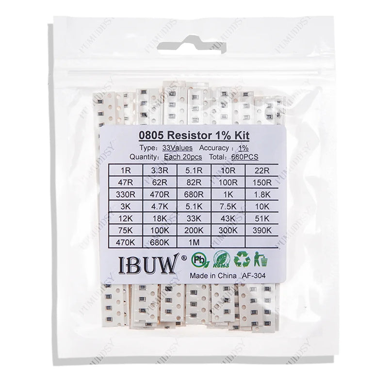 33ValuesX 20pcs=660pcs 0603 0805 1206 Resistor Kit Assorted 1R To 1M Ohm 1% SMD Sample Kit DIY 3.3R 5.1R 10R 47R 62R 82R 1K 10K