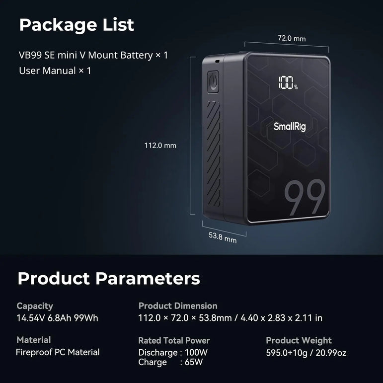 SmallRig VB99 SE V Mount Battery 99Wh/6800mAh Mini V-Lock Battery with 65W USB-C PD Fast Charging for Camera Monitor Video Light