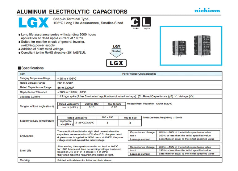 2Pcs/10Pcs 100uF 500V Nichicon GX/LQ 22x40mm 500V100uF Snap-in PSU Capacitor LGX2H101MELZ40