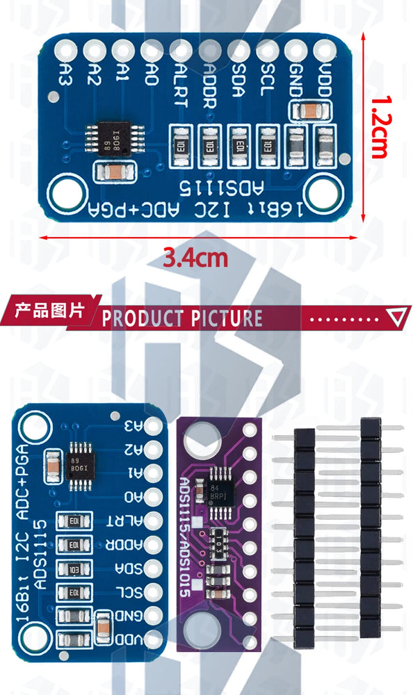 1PCS~10PCS EGBO 12 Bit/16 Bit I2C ADS1115 ADS1015  Module ADC 4 channel with Pro Gain Amplifier for Arduino RPi Purple Blue