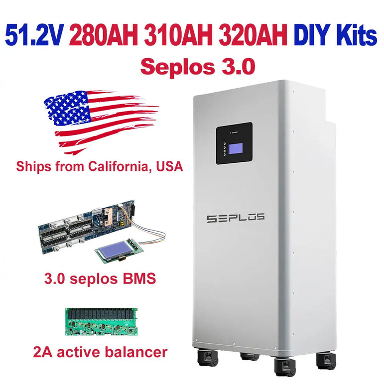 US Stock 3.0 Seplos 51.2V 280AH 310AH 320AH Lifepo4 Battery Kits CAN RS485 BMS 2A Active Balancer DIY Case Home Solar