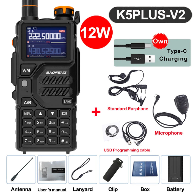Baofeng 12W UV K5 Plus V2 Walkie Talkie Air Band AM Two Way Comumicador Station Amateur Ham Wireless Receiver Portable Radios