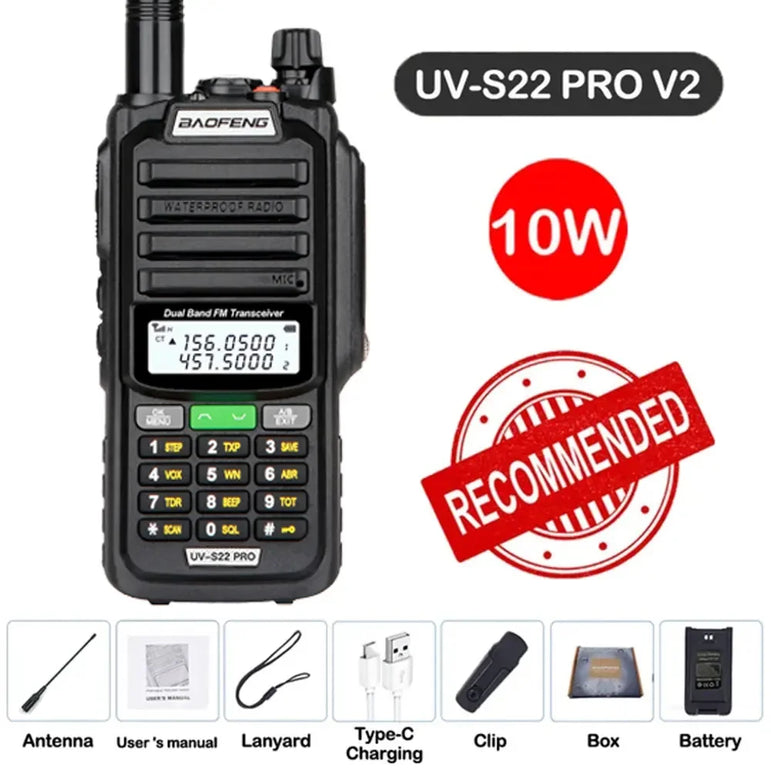 Baofeng UV-S22 PRO V2 IP68 Waterproof Walkie Talkie Dual Band 136-174/400-520MHz Ham Radio 10W Power 50KM Range 128CH FM Radio