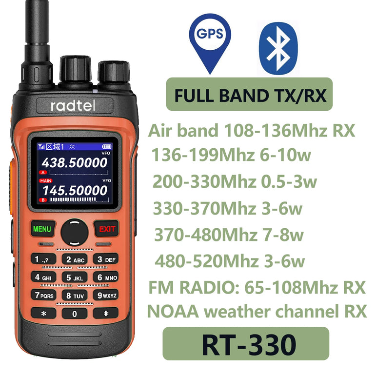 Radtel RT-330 10W Gps Bluetooth App Programming Amateur Radio Power Full Band 136-520MHz TX RX Aviation Frequency Receive NOAA