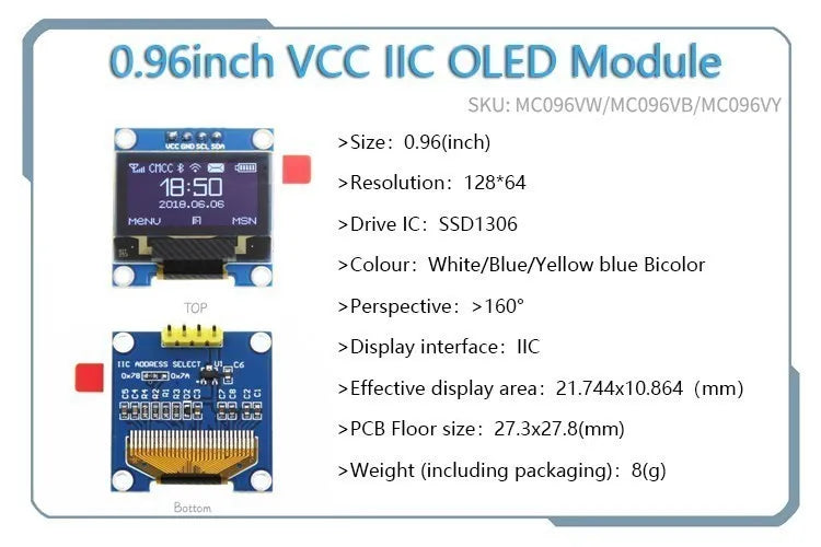 OLED 0.91 inch/0.96 inch/1.3 inch OLED display module IIC I2C SPI 128X64 I2C SSD1306 12864 LCD  White word