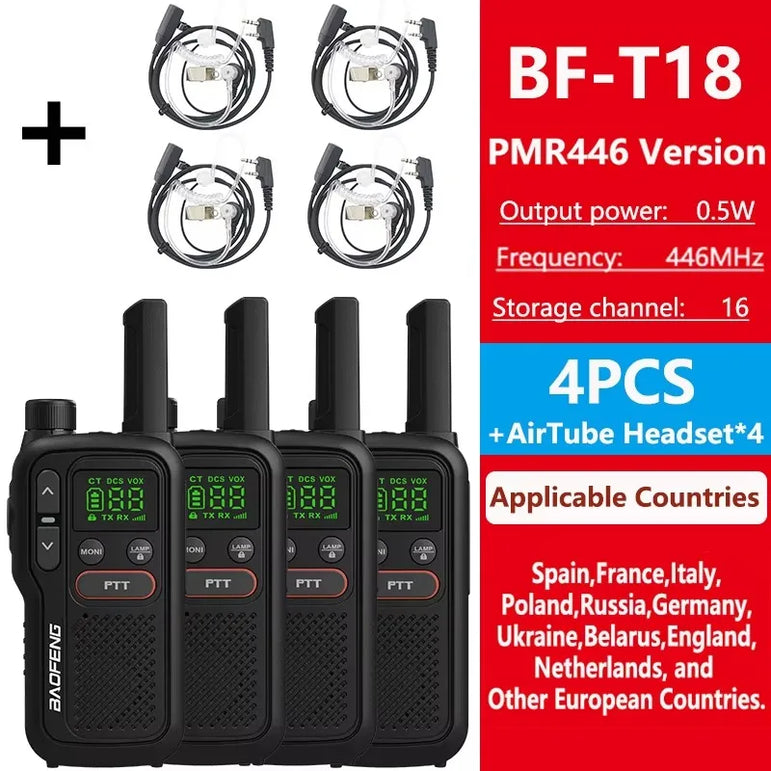 Baofeng BF-T18 PMR446 Walkie Talkie Type-C Charge European 446MHz 16 Channels Long Range Upgraded BF-T20 Mini Two Way Ham Radios