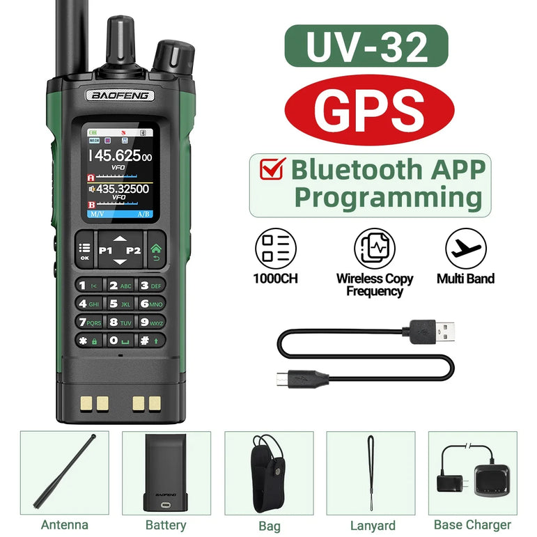 BAOFENG UV-32 Walkie Talkie GPS Multi Band 10W Bluetooth Wireless Programming Copy Frequency 1000CH Long Range Ham Two Way Radio