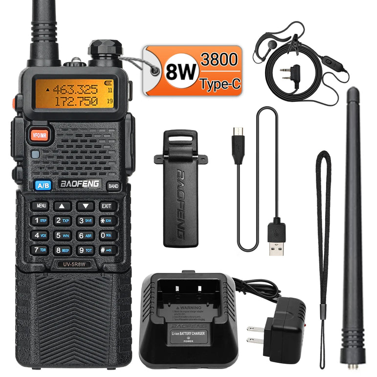 Baofeng UV-5R 8W Long Range Walkie Talkie 3800mAh Type-c Ham Amateur Communication Two Way Radio for Adults Camping