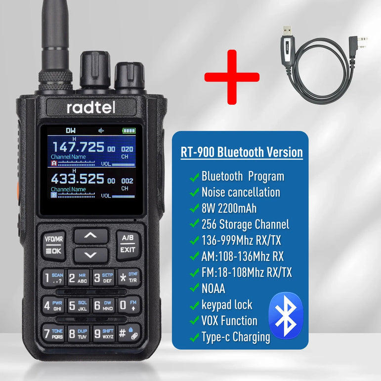 Radtel RT-900 8W Multi-band Walkie Talkie 256 CH Air Band Two Way Radio Station Aviation NOAA Amateur Police Marine River PTT