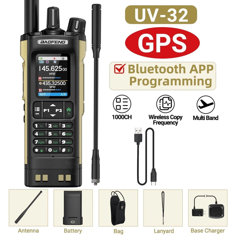 Baofeng UV-32 Walkie Talkie GPS 10W Wireless Bluetooth APP Programming Air Band Type-C NOAA for UV-5R Amateur Two Way Ham Radio