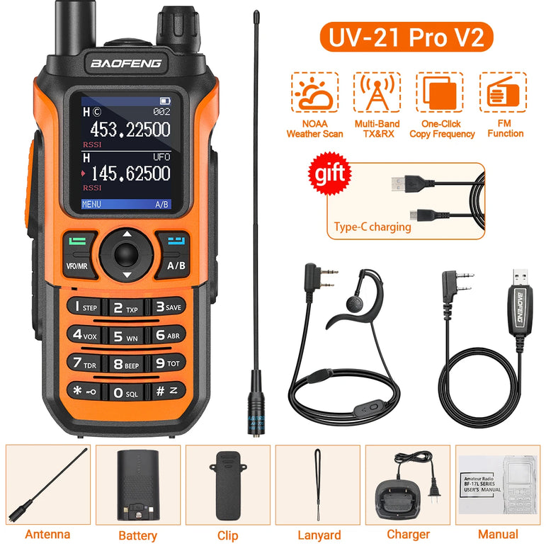 Baofeng UV-21 Pro V2 Air Band Walkie Talkie Wireless Copy Frequency AM Type-C Long Range Upgrade UV-5R Ham Radio