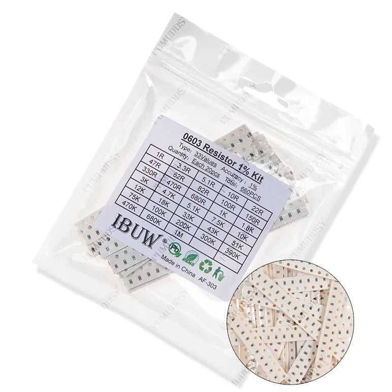 33ValuesX 20pcs=660pcs 0603 0805 1206 Resistor Kit Assorted 1R To 1M Ohm 1% SMD Sample Kit DIY 3.3R 5.1R 10R 47R 62R 82R 1K 10K