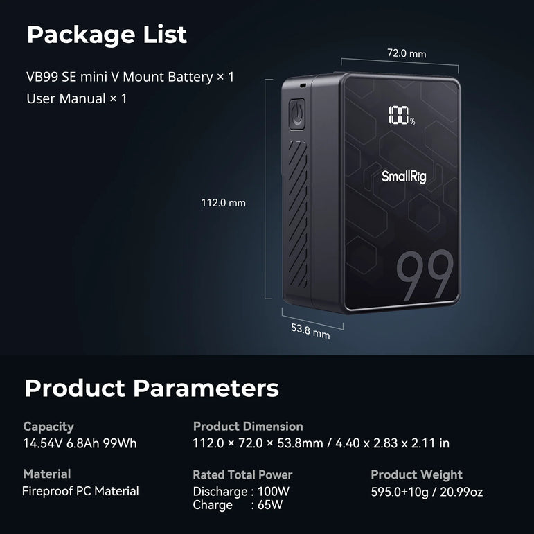 SmallRig VB99 SE mini V-Mount Battery 99Wh / 6800mAh V Mount Battery with PD65W USB-C Fast Charging for Camera Camcorder Monitor