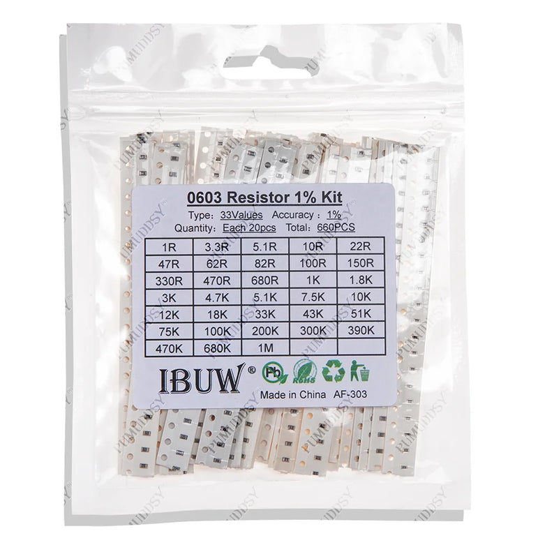 33ValuesX 20pcs=660pcs 0603 0805 1206 Resistor Kit Assorted 1R To 1M Ohm 1% SMD Sample Kit DIY 3.3R 5.1R 10R 47R 62R 82R 1K 10K