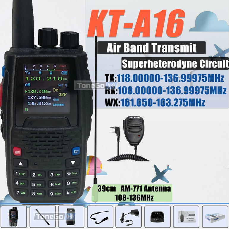 Air Band Transmit KT-A16 Walkie Talkie TX:108.000-136.999MHz RX:108.0000-136.999MHz 6W 200Ch W/10 NOAA Weather Forecast Channels