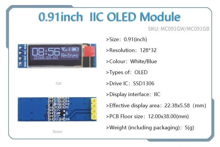 OLED 0.91 inch/0.96 inch/1.3 inch OLED display module IIC I2C SPI 128X64 I2C SSD1306 12864 LCD  White word