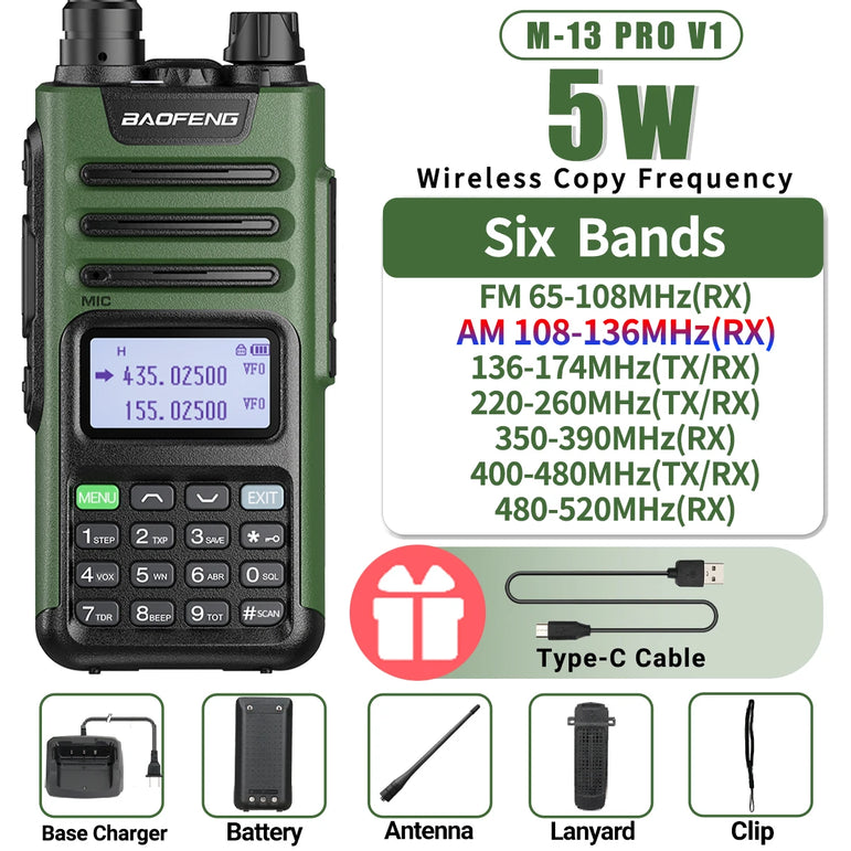 BaoFeng M-13 PRO V1 V2 High Power Multi Band Walkie Talkie Type C Charger Long Range Upgraded UV-13 PRO V1 V2 Ham Two Way Radio