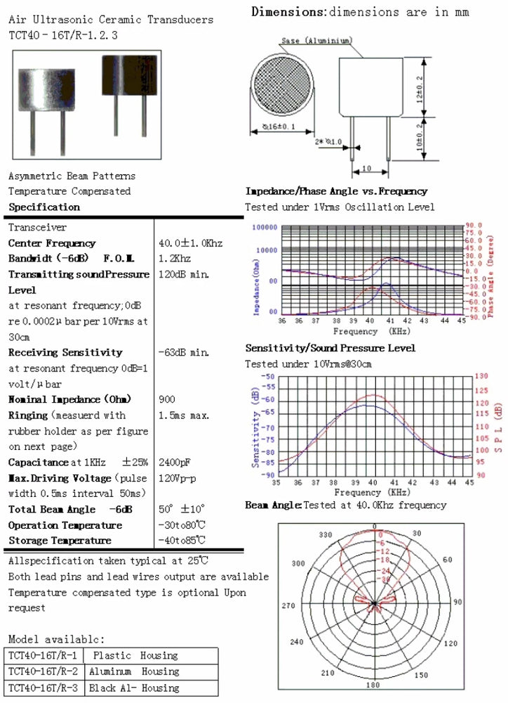 20PCS 40KHZ 16mm 12mm 10mm Ultrasonic Sensor 40KHZ Receiver Transmitter R and T TCT40-16T/R
