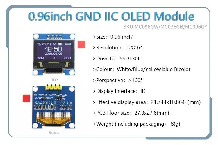 OLED 0.91 inch/0.96 inch/1.3 inch OLED display module IIC I2C SPI 128X64 I2C SSD1306 12864 LCD  White word