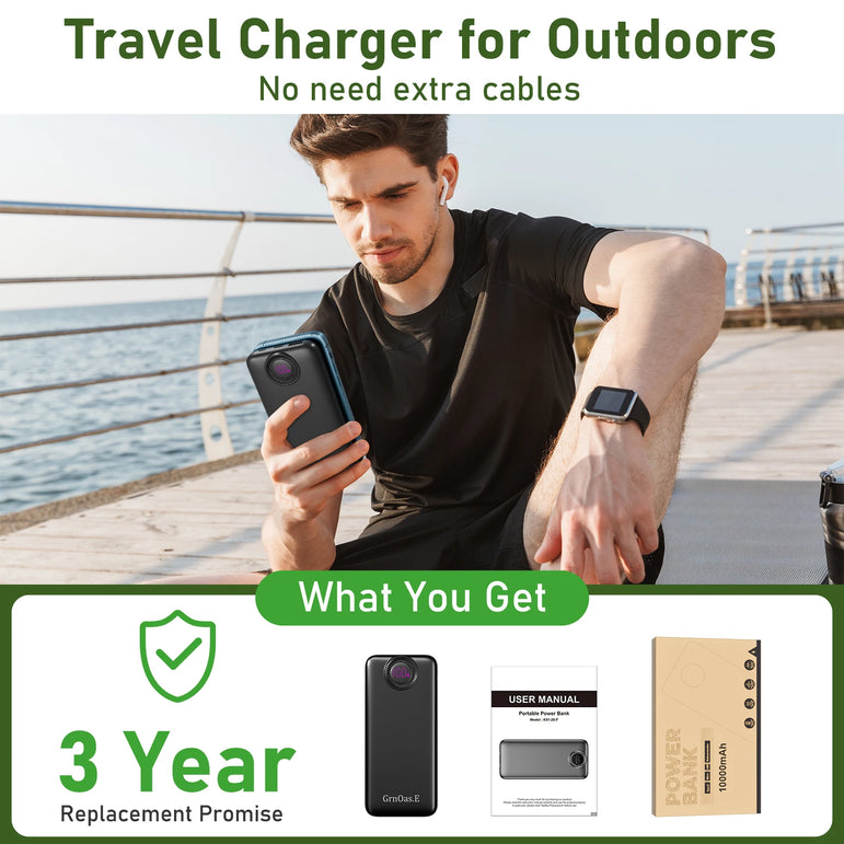10000mAh 22.5W Portable Charger with Built in Cables 4 Outputs 2 Inputs 5V/3A Fast Charging Power Bank for iPhone Android iPad