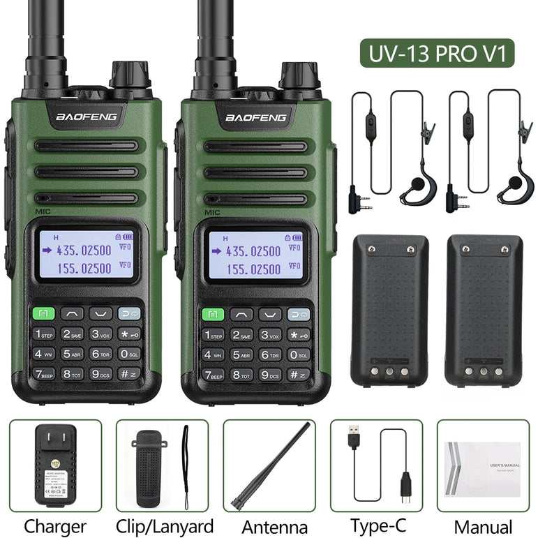 2PCS BAOFENG UV13 Pro V2 10W Waterproof Walkie Talkie UHF/VHF Dual Band UV13PRO with Typ-C Cable Upgrade of UV-10R Two Way Radio