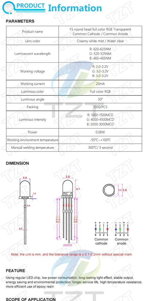 TZT 10pcs Multicolor 4pin 5mm RGB Led Diode Light Lamp Tricolor Round Common Anode LED F5 Light Emitting Diode Red Green Blue
