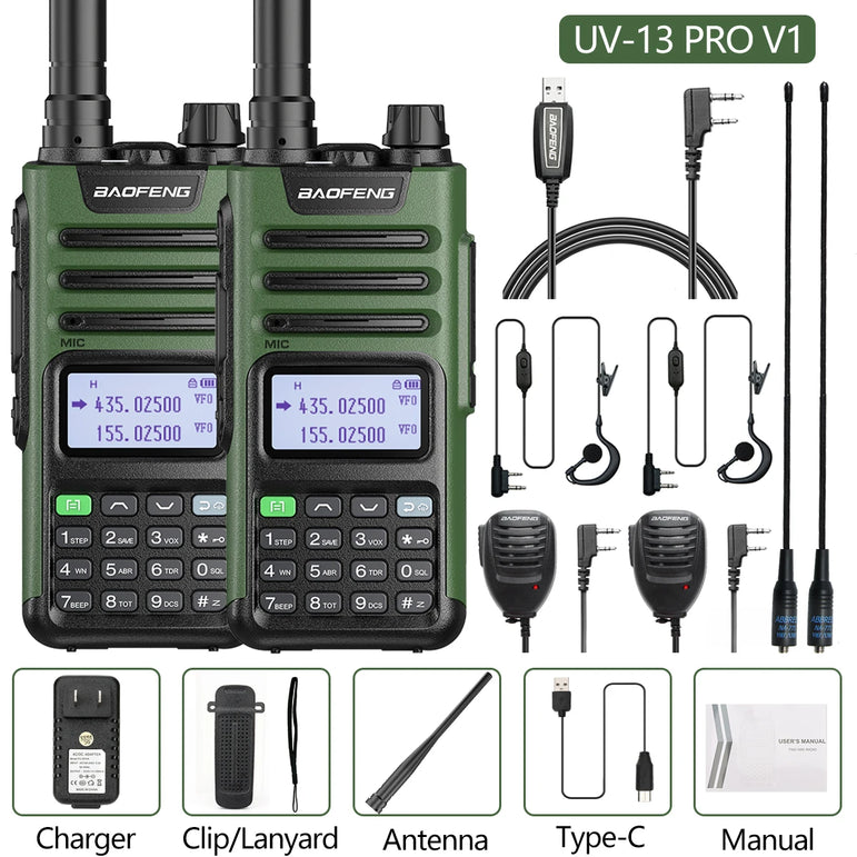2PCS BAOFENG UV13 Pro V2 10W Waterproof Walkie Talkie UHF/VHF Dual Band UV13PRO with Typ-C Cable Upgrade of UV-10R Two Way Radio