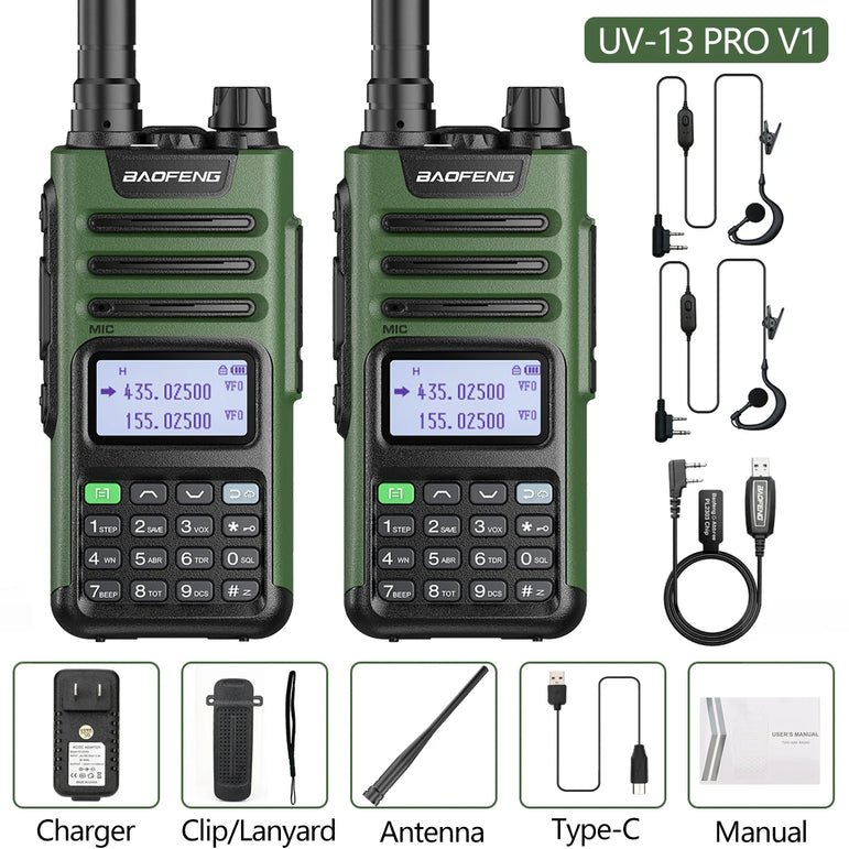2PCS BAOFENG UV13 Pro V2 10W Waterproof Walkie Talkie UHF/VHF Dual Band UV13PRO with Typ-C Cable Upgrade of UV-10R Two Way Radio