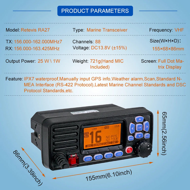Retevis RA27 VHF Marine Radio Transceiver 25W IP67 Waterproof GPS NOAA Fixed-Mount Class D DSC Marine Transceiver (USA/INT/CAN)