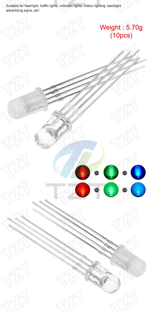TZT 10pcs Multicolor 4pin 5mm RGB Led Diode Light Lamp Tricolor Round Common Anode LED F5 Light Emitting Diode Red Green Blue