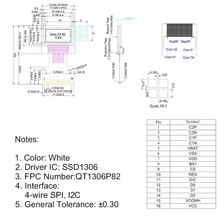 0.42” 0.42 Inch White OLED Display LCD Screen Module Full View LED 3.3V SSD1306 72X40 Serial 72*40 I2C IIC/SPI Interface