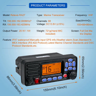 Retevis RA27 VHF Marine Radio Transceiver 25W IP67 Waterproof GPS NOAA Fixed-Mount Class D DSC Marine Transceiver (USA/INT/CAN)