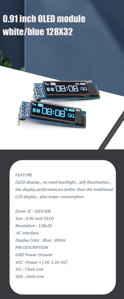 0.91 inch OLED module 0.91" white/blue OLED 128X32 OLED LCD LED Display Module 0.91" IIC Communicate
