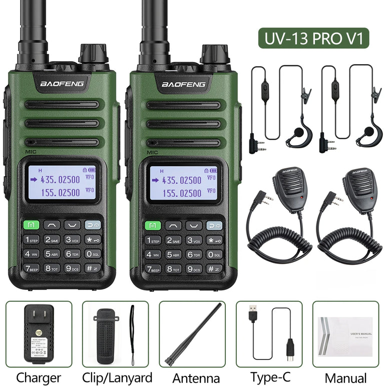 2PCS BAOFENG UV13 Pro V2 10W Waterproof Walkie Talkie UHF/VHF Dual Band UV13PRO with Typ-C Cable Upgrade of UV-10R Two Way Radio