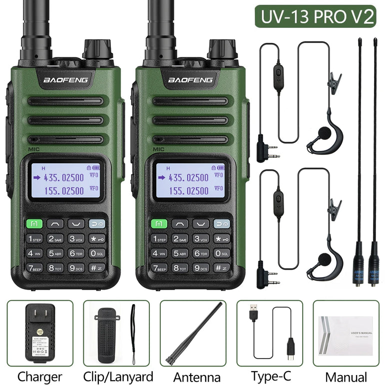 2PCS BAOFENG UV13 Pro V2 10W Waterproof Walkie Talkie UHF/VHF Dual Band UV13PRO with Typ-C Cable Upgrade of UV-10R Two Way Radio