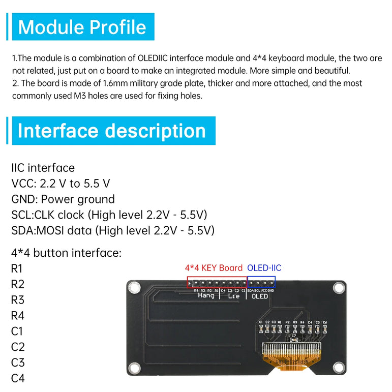 0.96 inch/1.3 inch  LCD Screen Board OLED Display Module IIC White SH1106 SSD1306 SSD1315 with 4x4 Key Matrix Keypadfor Arduino