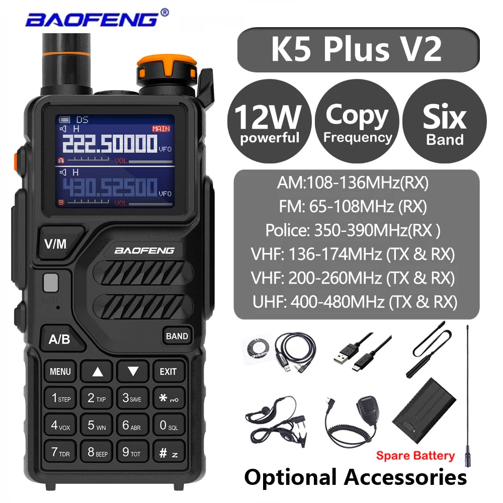 Baofeng 12W UV K5 Plus V2 Walkie Talkie Air Band AM Two Way Comumicador Station Amateur Ham Wireless Receiver Portable Radios
