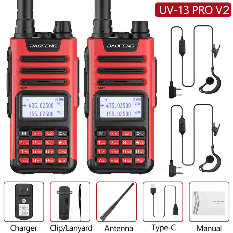 2PCS BAOFENG UV13 Pro V2 10W Waterproof Walkie Talkie UHF/VHF Dual Band UV13PRO with Typ-C Cable Upgrade of UV-10R Two Way Radio