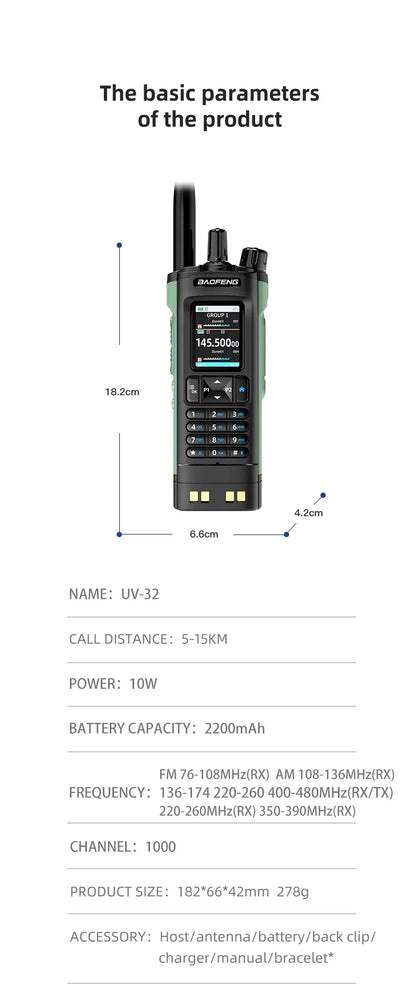 New BAOFENG UV-32 Walkie Talkie GPS 10W Bluetooth APP Programming Multi Band Wireless Copy Frequency Type-C UV32 Ham 2 Way Radio