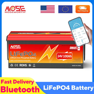 MOSEWORTH 24V 100Ah LiFePO4 Lithium Battery with 100A BMS 8000+ Deep Cycles Rechargeable Batteries for  Campers Trolling Motor