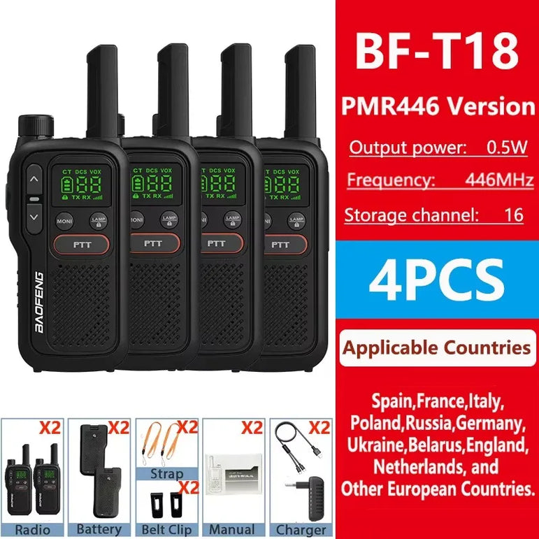 Baofeng BF-T18 PMR446 Walkie Talkie Type-C Charge European 446MHz 16 Channels Long Range Upgraded BF-T20 Mini Two Way Ham Radios