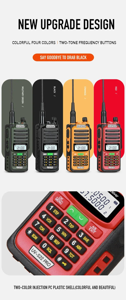 Baofeng UV-S22 PRO V2 IP68 Waterproof Walkie Talkie Dual Band 136-174/400-520MHz Ham Radio 10W Power 50KM Range 128CH FM Radio