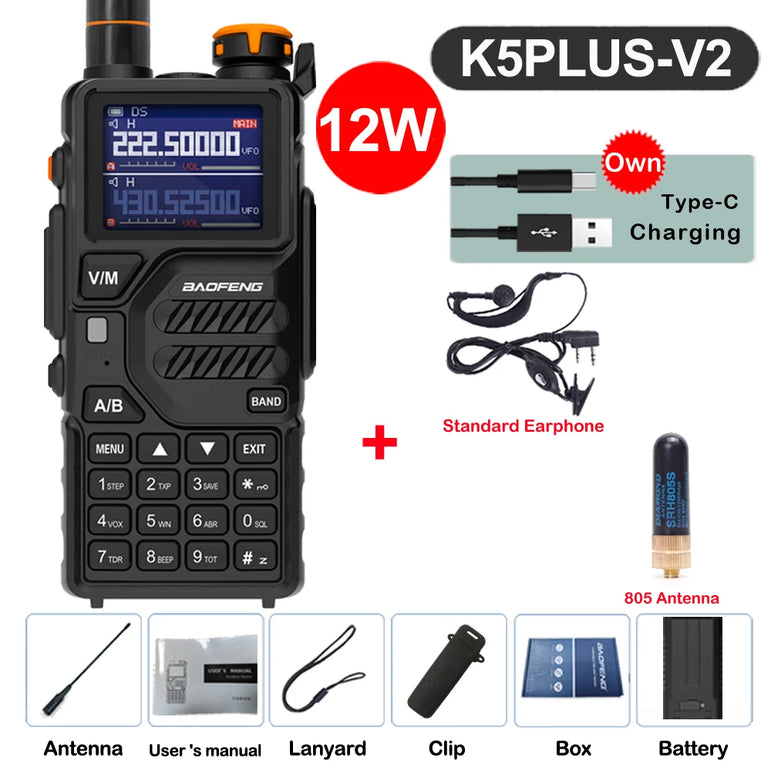 Baofeng 12W UV K5 Plus V2 Walkie Talkie Air Band AM Two Way Comumicador Station Amateur Ham Wireless Receiver Portable Radios