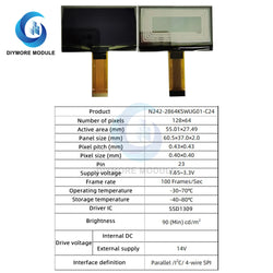 2.42 1.54 Inch OLED Monochrome Display SSD1309 Resolution 23pin SPI Dot Matrix 128*64 Yellow/Blue/Green/White LCD Screen
