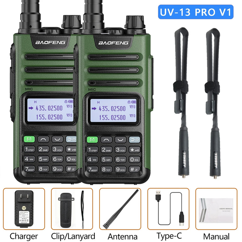 2PCS BAOFENG UV13 Pro V2 10W Waterproof Walkie Talkie UHF/VHF Dual Band UV13PRO with Typ-C Cable Upgrade of UV-10R Two Way Radio