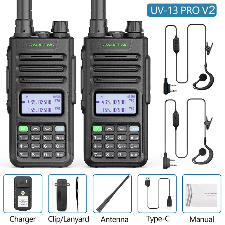 2PCS BAOFENG UV13 Pro V2 10W Waterproof Walkie Talkie UHF/VHF Dual Band UV13PRO with Typ-C Cable Upgrade of UV-10R Two Way Radio