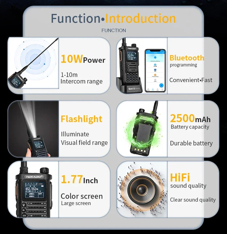 TIDRADIO 10W Walkie Talkie long range Portable Radio connection cell Phone Outdoor Programming Two Way Commutator TD-H8 VHF UHF