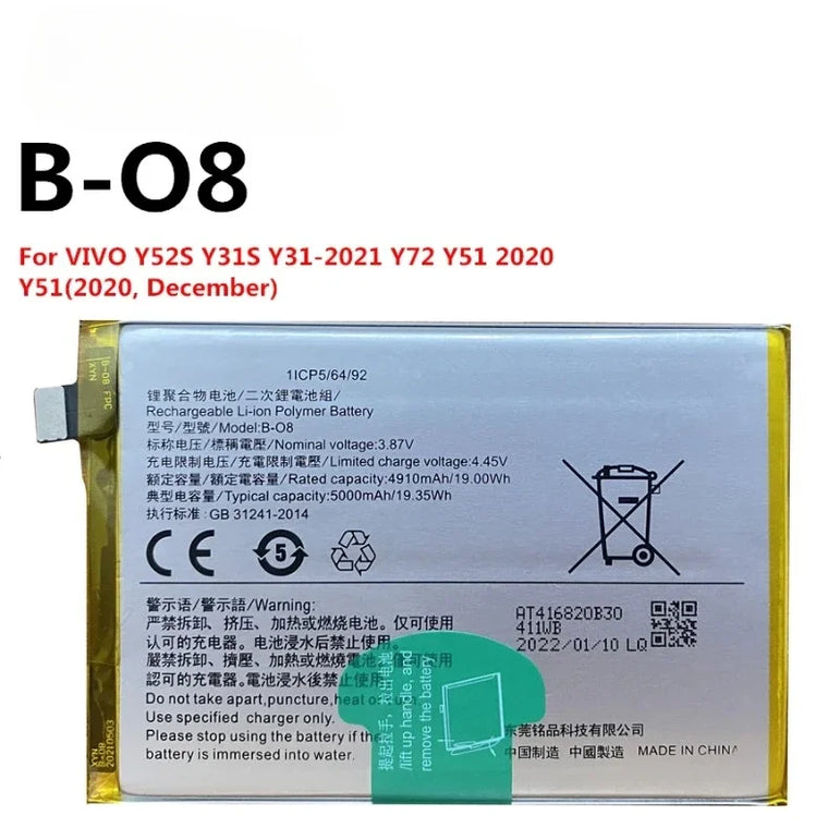 New B-O8 5000mAh Cell Phone Battery for Vivo Y52S Y53S Y31S Y31 (2021) Y72 Y51 (2020) Y51(2020, December) Replacement